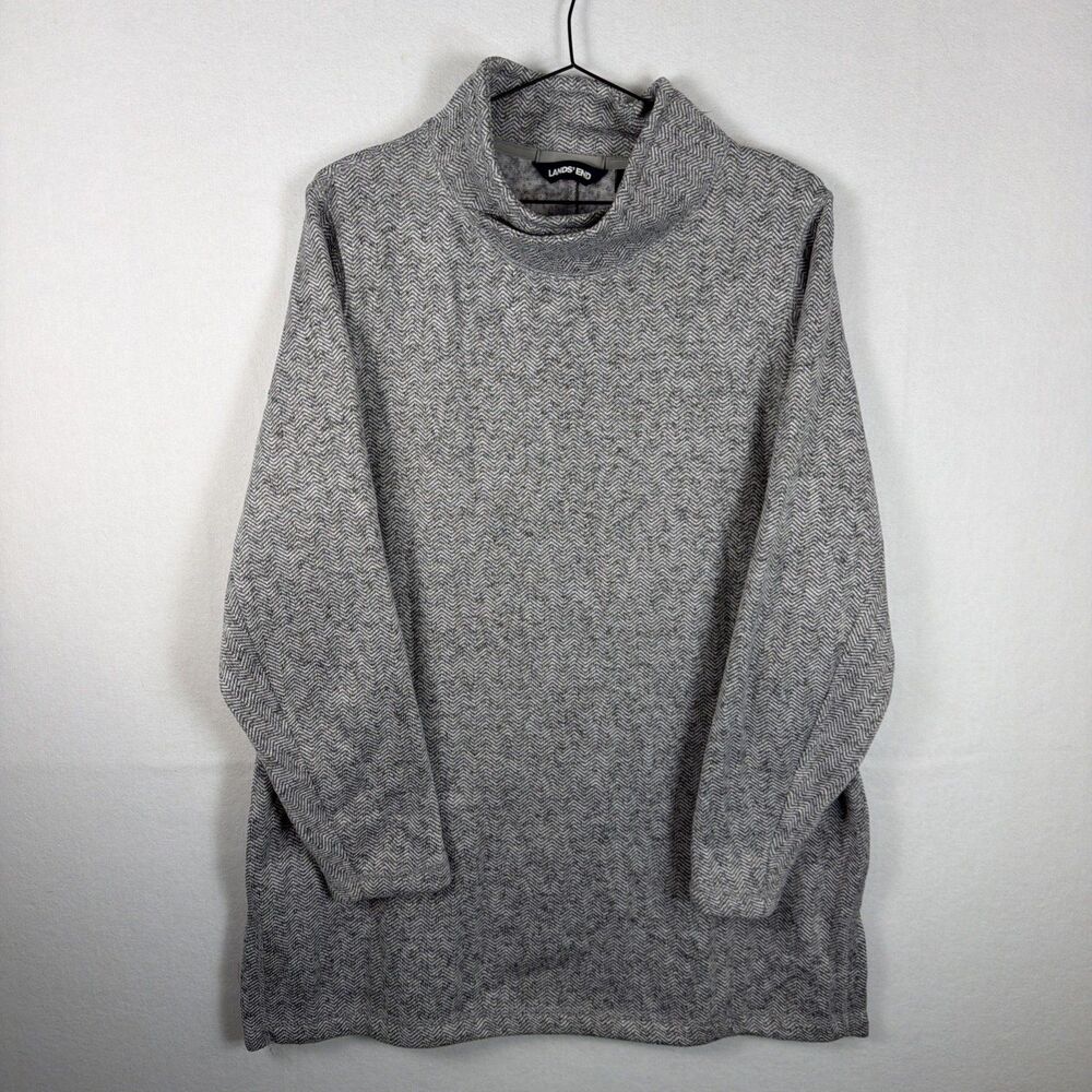 Lands End Womens Large L Gray Herringbone Funnel Neck Long Sleeve Tunic Top